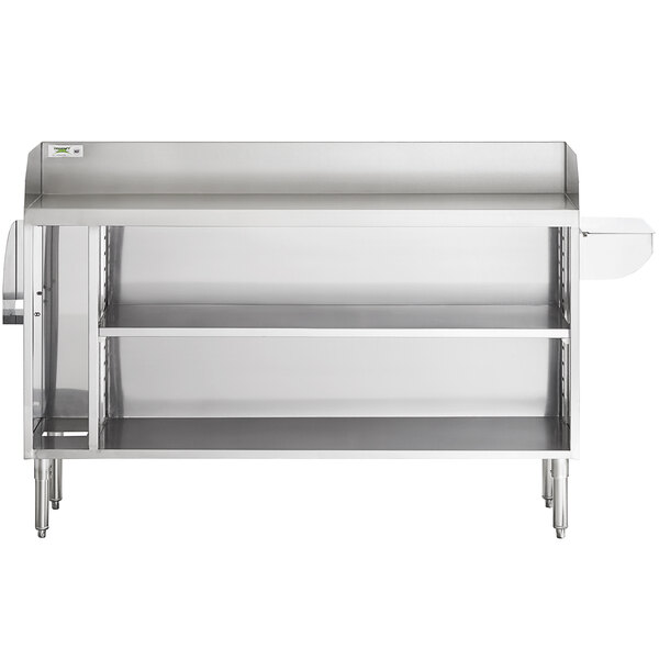 A stainless steel counter with shelves.