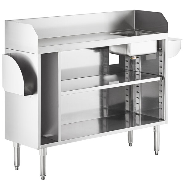 A Regency stainless steel waitress station with a sink and shelves.