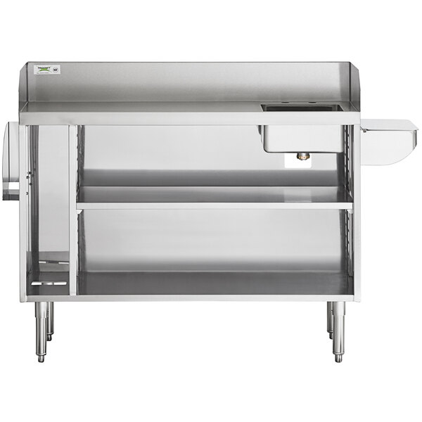 A stainless steel workbench with a sink bowl and pan holder.