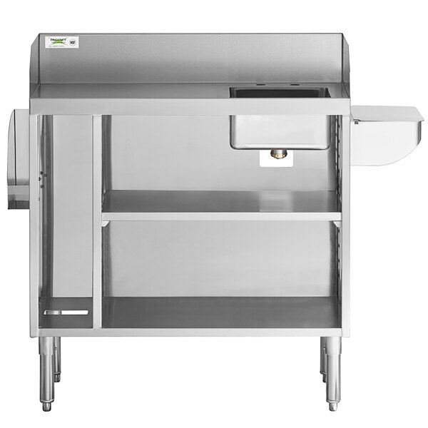 A Regency stainless steel waitress station with sink and shelves.