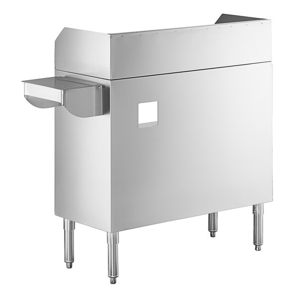 A stainless steel station with four legs, a raised back and sides, a rectangular cutout on the front, and an attached side compartment with a small sink bowl.