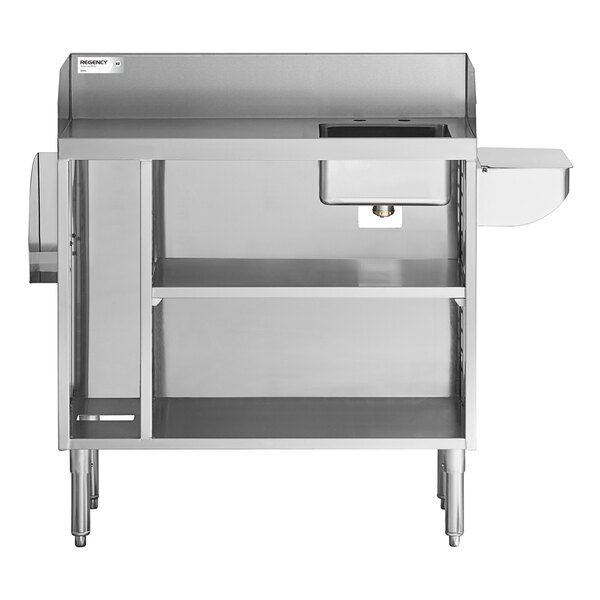 A stainless steel workstation with a small sink bowl, two lower shelves, a raised back, and a side pan holder.