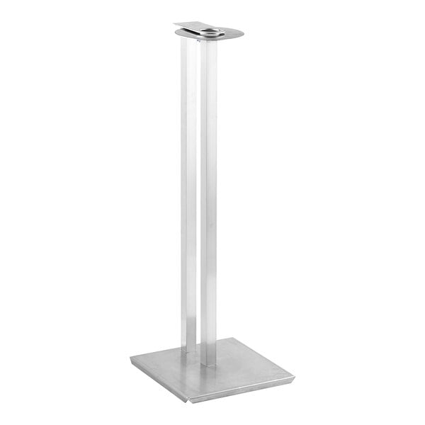 An Advance Tabco metal hand sanitizer stand with a square base.