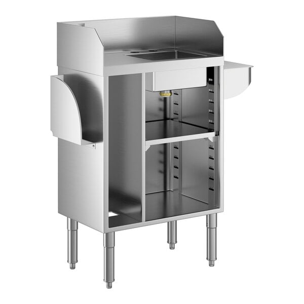 A stainless steel bussing or waitress station with a pan holder and integrated sink bowl.