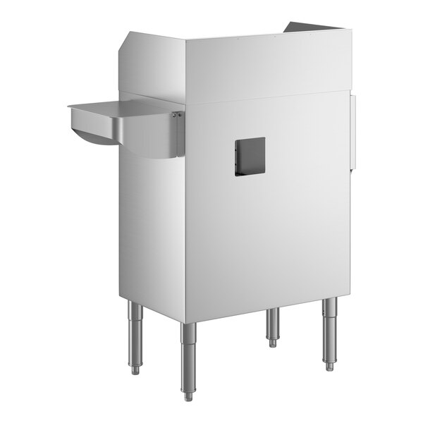 A stainless steel bussing and waitress station with a pan holder and sink bowl.