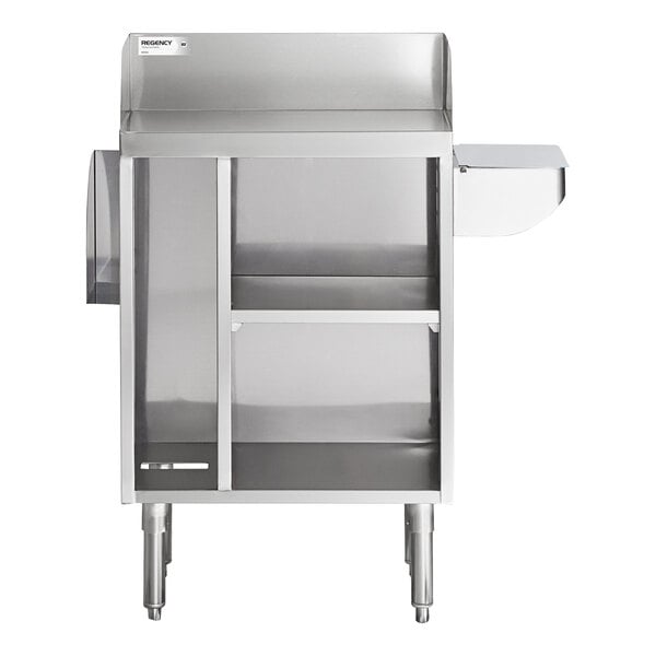 A stainless steel station with a backsplash, open shelving, a side pan holder, and sturdy legs.