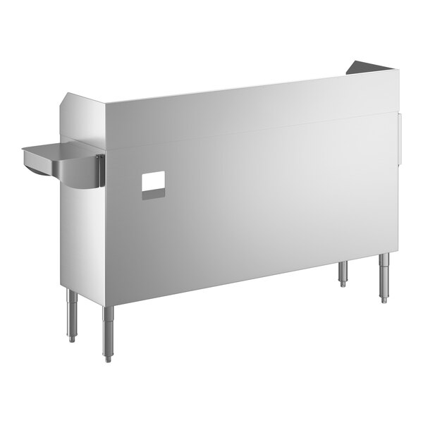 A stainless steel bussing and waitress station with a pan holder and sink bowl.