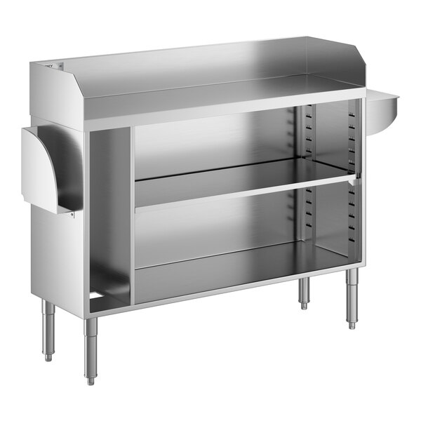 A stainless steel bussing or waitress station with a pan holder and adjustable shelf.