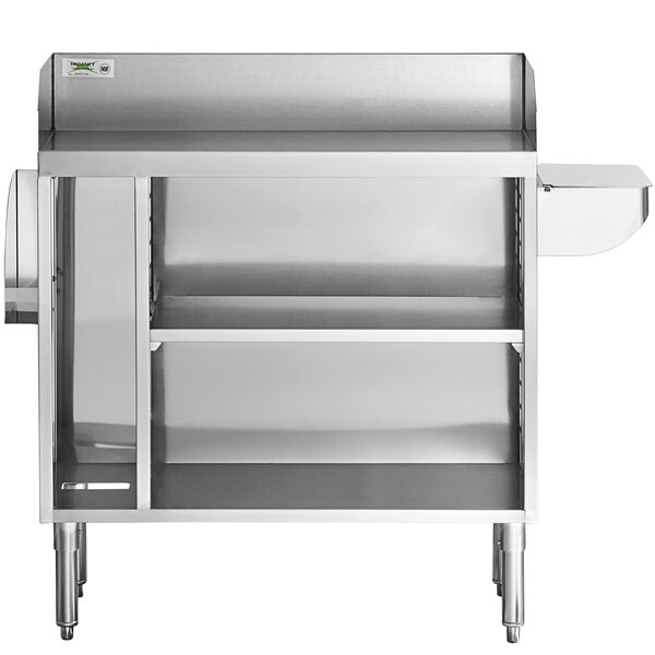 A Regency stainless steel waitress station with pan holder on a white counter.