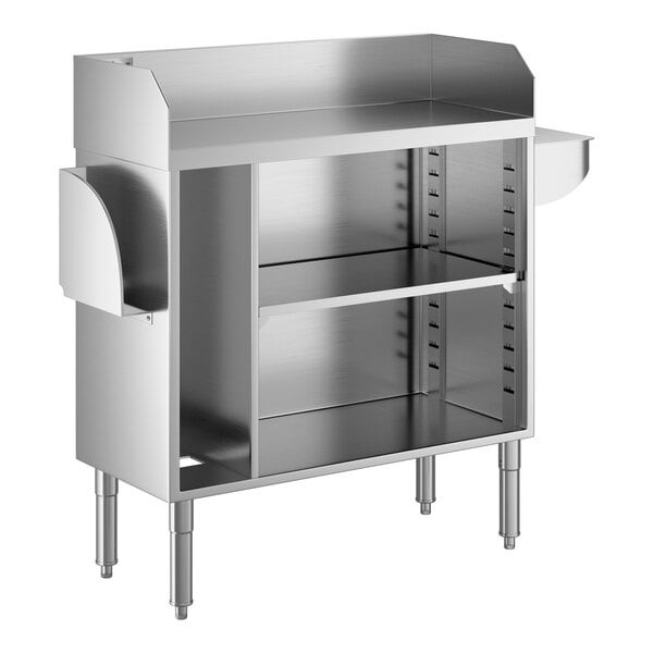 A stainless steel bussing or waitress station with an open shelf and side pan holders.