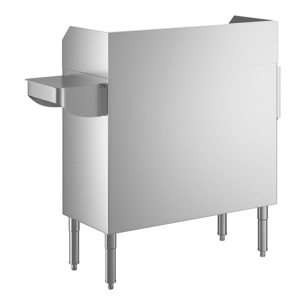 A stainless steel bussing and waitress station with a pan holder and four legs.