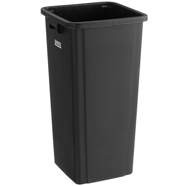 A black rectangular Lavex trash can with a white label on it.