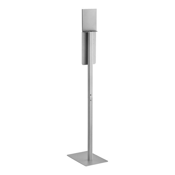 A metal base with a metal pole and a silver rectangular sign stand.