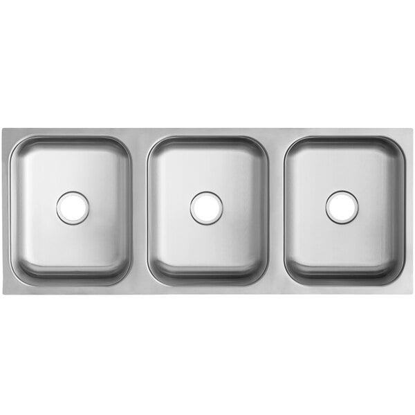 Waterloo stainless steel undermount sink with three compartments.