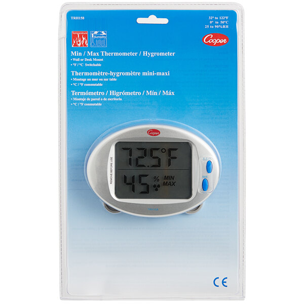 A Cooper-Atkins digital thermometer and hygrometer in a package with a digital screen.