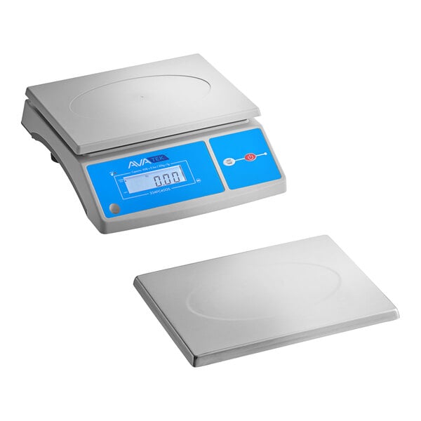 A white and blue AvaWeigh digital portion scale on a counter.