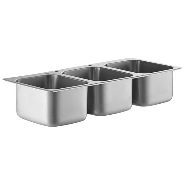 A Regency stainless steel drop-in sink with three compartments.