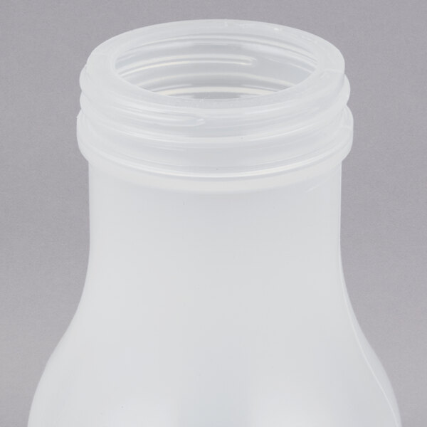 A Tablecraft white polypropylene syrup dispenser with a chrome lid.