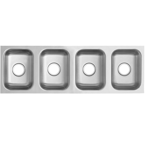 A row of three Waterloo stainless steel undermount sink bowls.