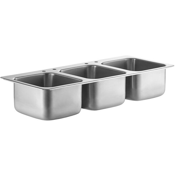 A Regency stainless steel drop-in sink with three compartments.