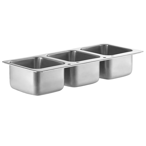 A Regency stainless steel drop-in sink with three compartments.