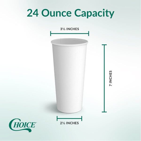 A white poly paper hot cup with a 24 ounce capacity, measuring 7 inches tall, 3.5 inches in top diameter, and 2.5 inches in bottom diameter.