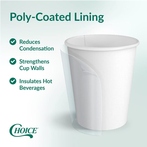 A white 24 oz. poly-coated paper cup on a green and white background with marketing text around it.