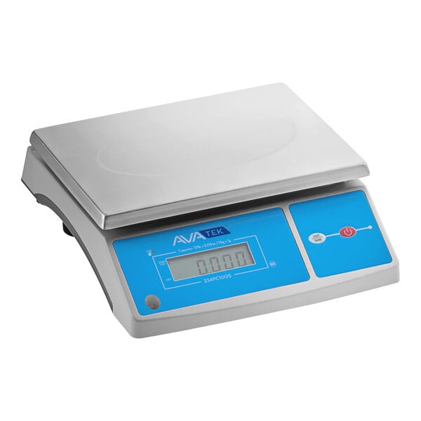 An AvaWeigh digital portion scale with a blue and white screen.