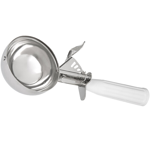 A silver ice cream scoop with a white handle.