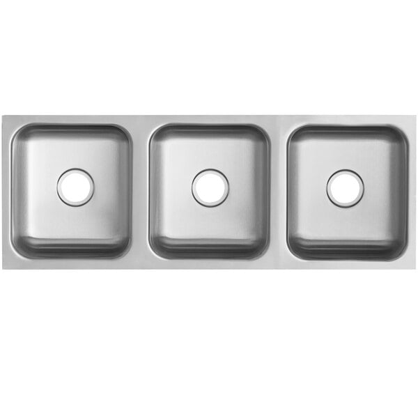 A close-up of a Waterloo stainless steel three compartment undermount sink with three holes.