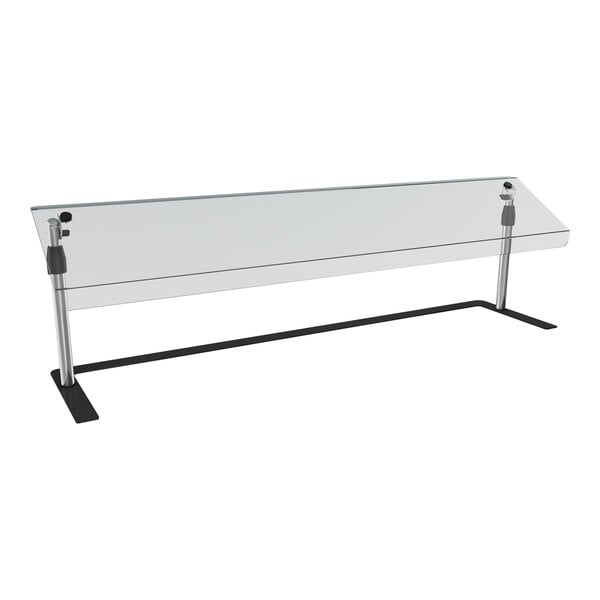 A Vollrath mobile steel sneeze guard with a straight acrylic breath guard on a clear table with black legs.