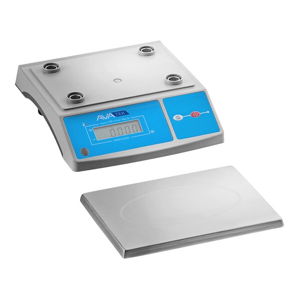 A digital portion control scale with an oversized platform and a blue display panel.