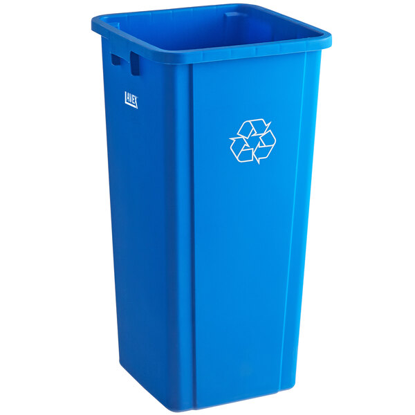 A Lavex blue square recycle bin with a recycle symbol on it.