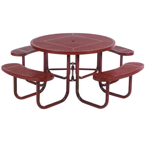 A red Wabash Valley picnic table with attached seats and a diamond patterned table top.