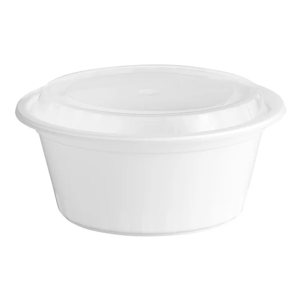 A white round microwavable plastic container with a clear lid.