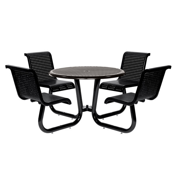 A black Wabash Valley Camino table with attached chairs on an outdoor patio.