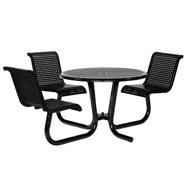 A black table with three chairs attached.