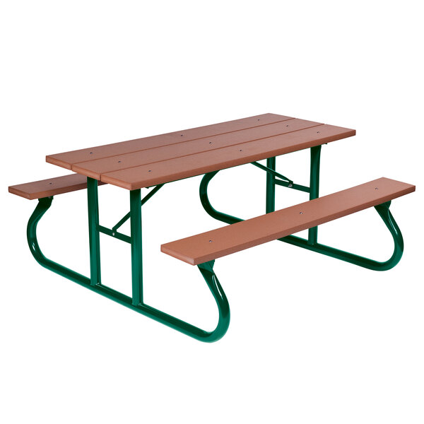 A Wabash Valley portable picnic table with green PolyTuf plastic top and seats and a powder coated steel frame.