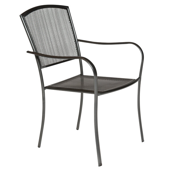 A black powder coated steel mesh outdoor arm chair.