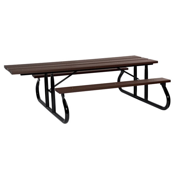 A green Wabash Valley picnic table with benches on one side.