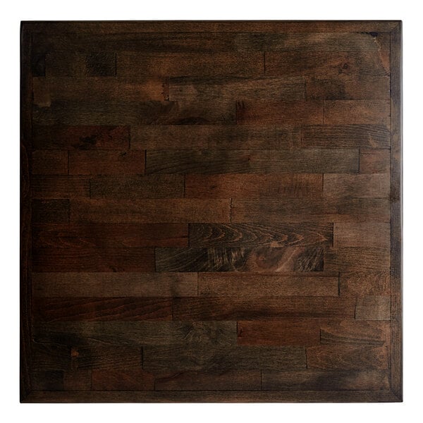 A square, espresso-colored wood butcher block table top.