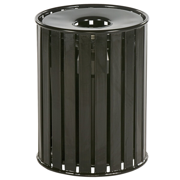 A black Wabash Valley slat steel mesh trash can.