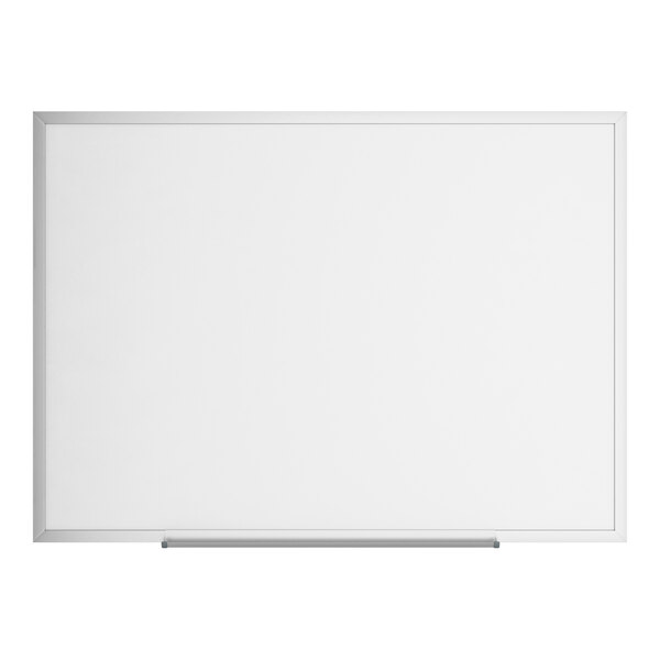 A rectangular wall-mount melamine whiteboard with an aluminum frame and a marker tray at the bottom.