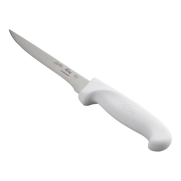 A 5-inch narrow stiff boning knife with a white handle.