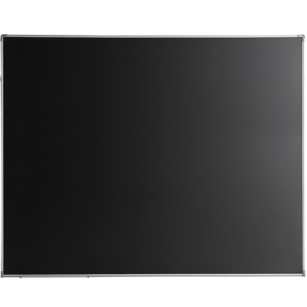 A black rectangular chalkboard with a silver metal frame and white border.