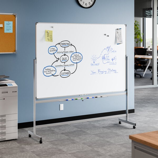 A large magnetic whiteboard with an aluminum frame and mobile stand, measuring 72 by 48 inches.