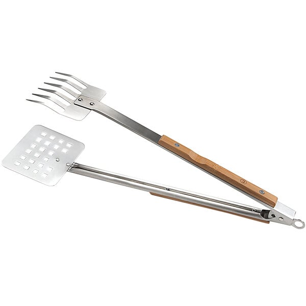 Outset stainless steel tongs with bamboo handles.