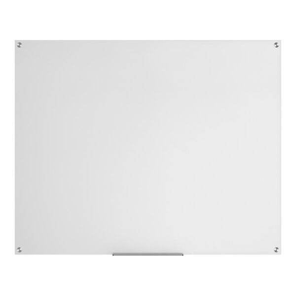 A large frameless wall-mount frosted glass dry erase board measuring 60 by 48 inches.
