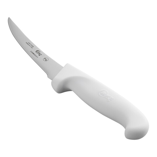 A 5-inch curved flexible boning knife with a white handle.