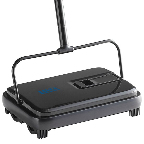 A black and silver Lavex single brush floor sweeper with a handle.